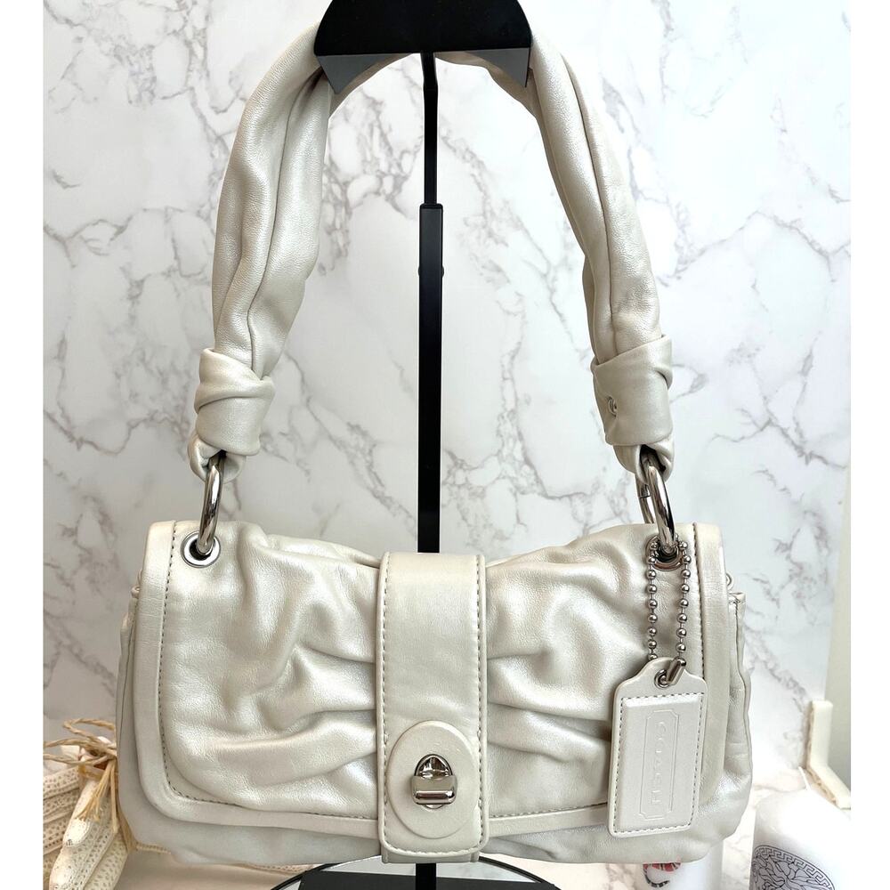 Coach Metallic Cream/Off-White Colored Soft Pleated Leather Shoulder Bag EUC